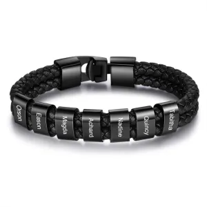 Personalized Mens Bracelets Black Braid Leather Bracelets for Men with 1-8 Names Customized Beads Custom ID Bracelet for Men