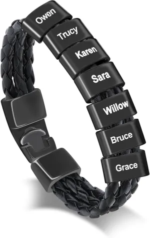 Personalized Mens Braid Bracelet with Name Beads Bracelets Engraved Bracelet for Men Custom Leather ID Bracelets Fathers Bangle for Dad Grandpa in Fathers Day (Style 7)