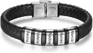 Personalized Mens Braid Bracelets with Kids Names Custom Bracelet with 1-6 Beads Leather Family Bracelet for Men Father's Day