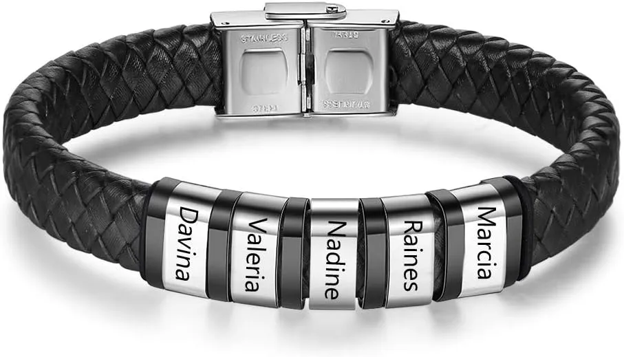 Personalized Mens Braid Bracelets with Kids Names Custom Bracelet with 1-6 Beads Leather Family Bracelet for Men Father's Day