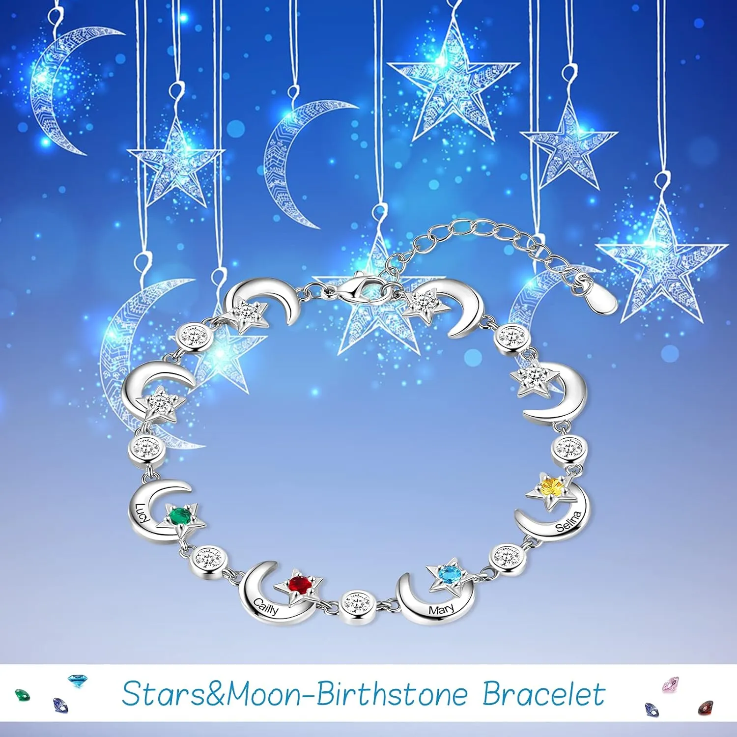 Personalized Mother Bracelet for Women Custom Star Moon Bangle Bracelets with Simulated Birthstones Engraved Name Link Charm Bracelets Adjustable Chain Charm Family Jewelry Birthday Gift for Her
