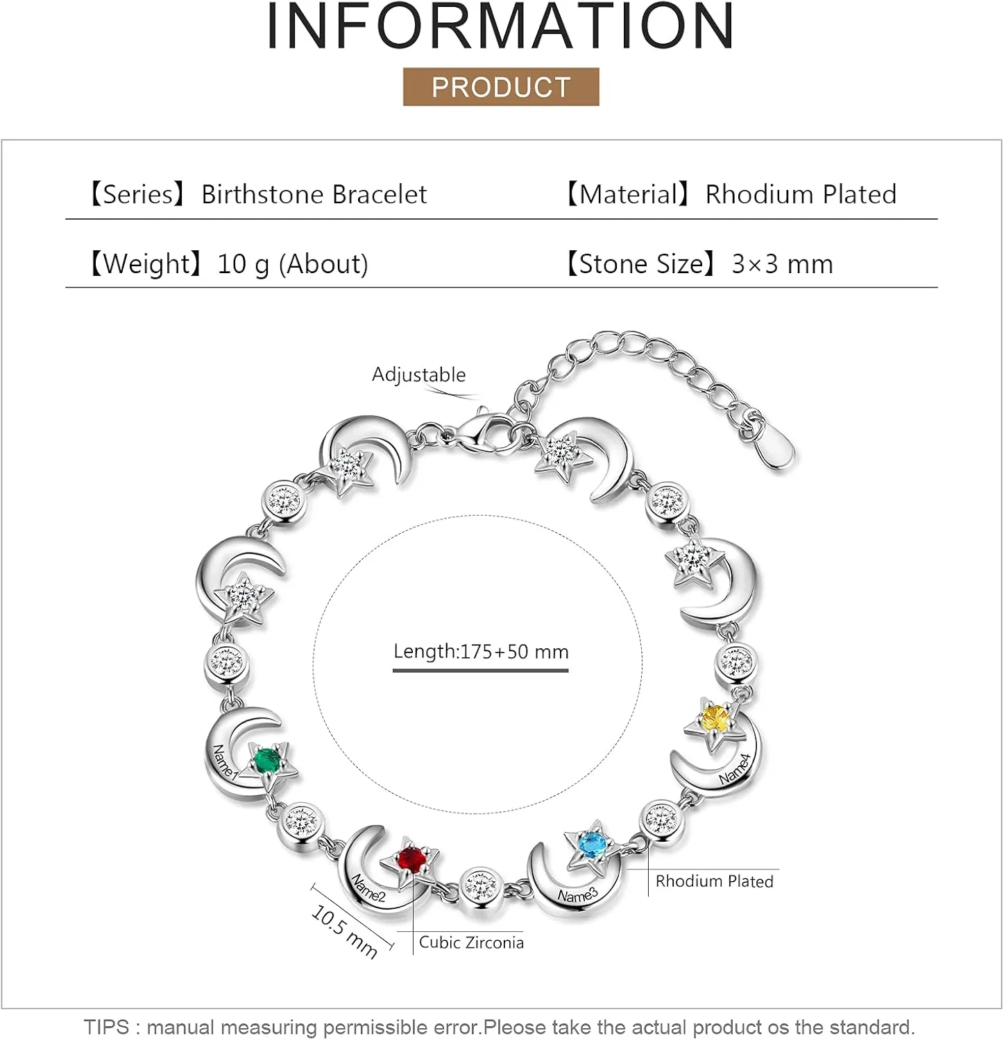 Personalized Mother Bracelet for Women Custom Star Moon Bangle Bracelets with Simulated Birthstones Engraved Name Link Charm Bracelets Adjustable Chain Charm Family Jewelry Birthday Gift for Her