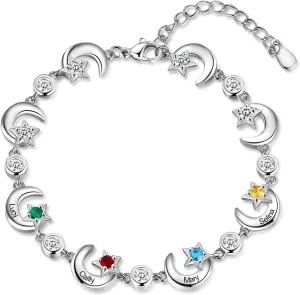 Personalized Mother Bracelet for Women Custom Star Moon Bangle Bracelets with Simulated Birthstones Engraved Name Link Charm Bracelets Adjustable Chain Charm Family Jewelry Birthday Gift for Her