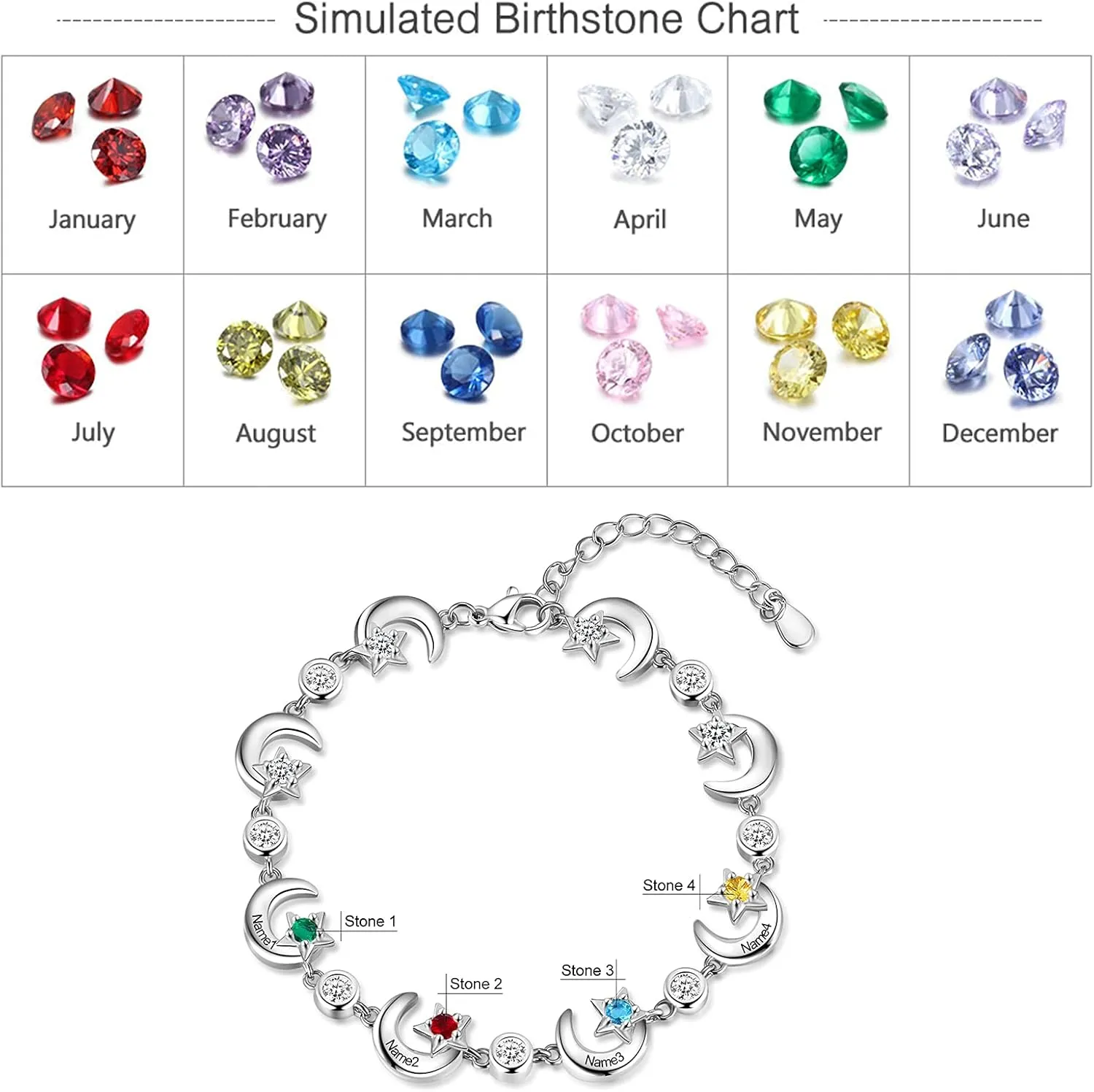 Personalized Mother Bracelet for Women Custom Star Moon Bangle Bracelets with Simulated Birthstones Engraved Name Link Charm Bracelets Adjustable Chain Charm Family Jewelry Birthday Gift for Her