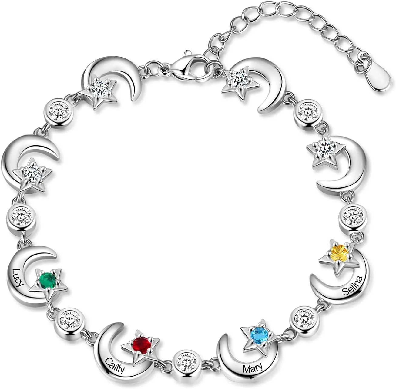 Personalized Mother Bracelet for Women Custom Star Moon Bangle Bracelets with Simulated Birthstones Engraved Name Link Charm Bracelets Adjustable Chain Charm Family Jewelry Birthday Gift for Her