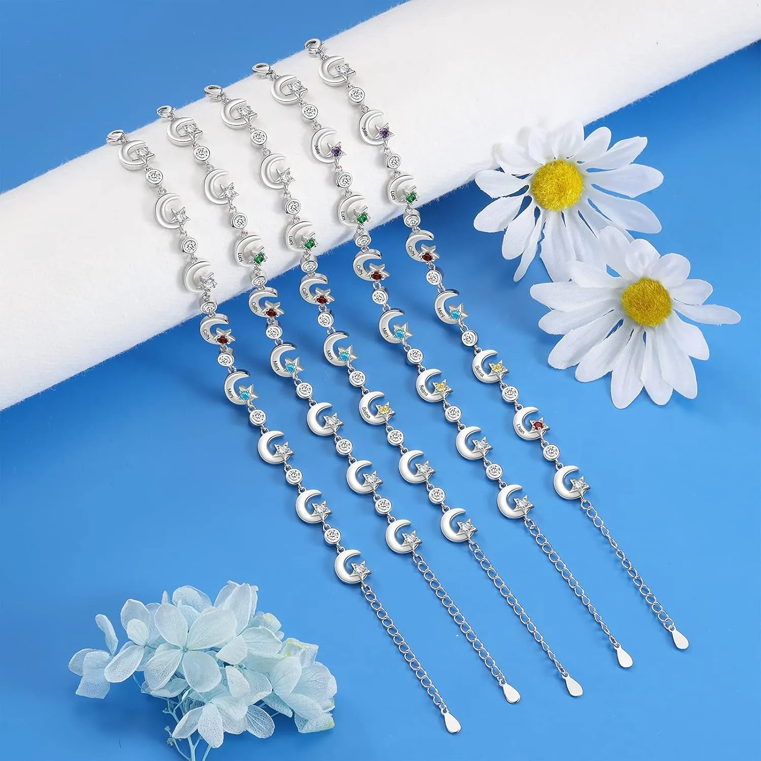 Personalized Mother Bracelet for Women Custom Star Moon Bangle Bracelets with Simulated Birthstones Engraved Name Link Charm Bracelets Adjustable Chain Charm Family Jewelry Birthday Gift for Her