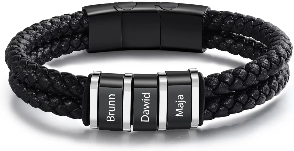 Personalized Name Mens Bracelet Custom Leather Bracelets for Men with 1-5 Names Braided Dad Bracelets for Men Husband Boyfriend Gift for Birthday Christmas