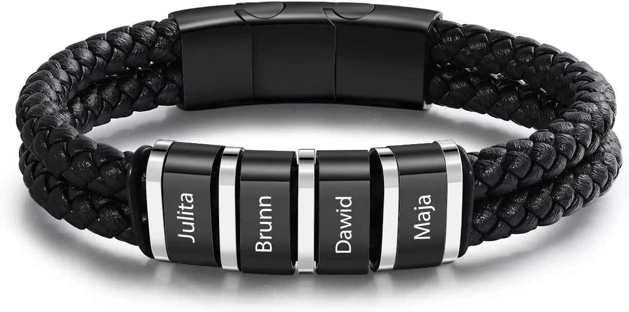 Personalized Name Mens Bracelet Custom Leather Bracelets for Men with 1-5 Names Braided Dad Bracelets for Men Husband Boyfriend Gift for Birthday Christmas