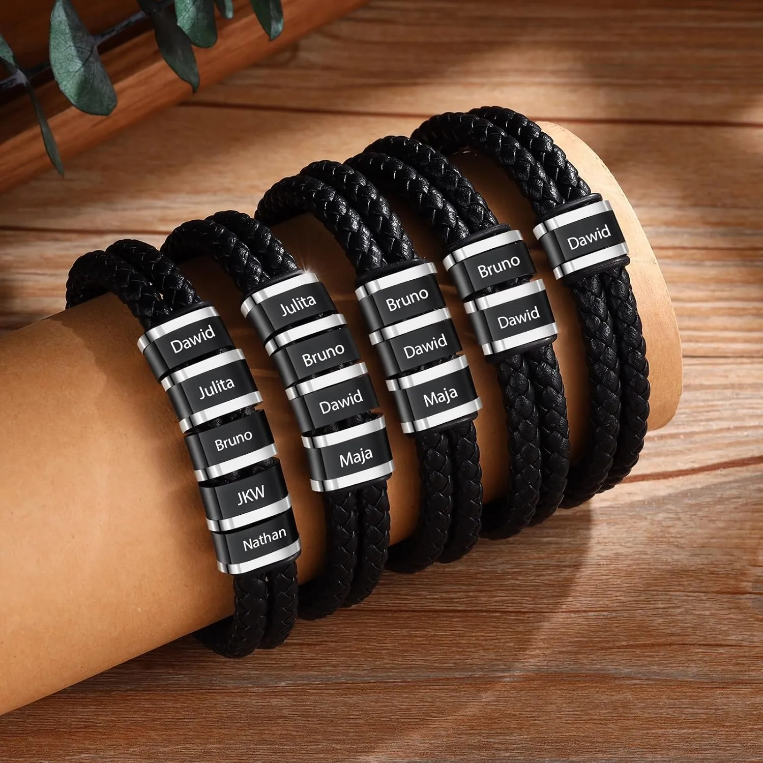 Personalized Name Mens Bracelet Custom Leather Bracelets for Men with 1-5 Names Braided Dad Bracelets for Men Husband Boyfriend Gift for Birthday Christmas