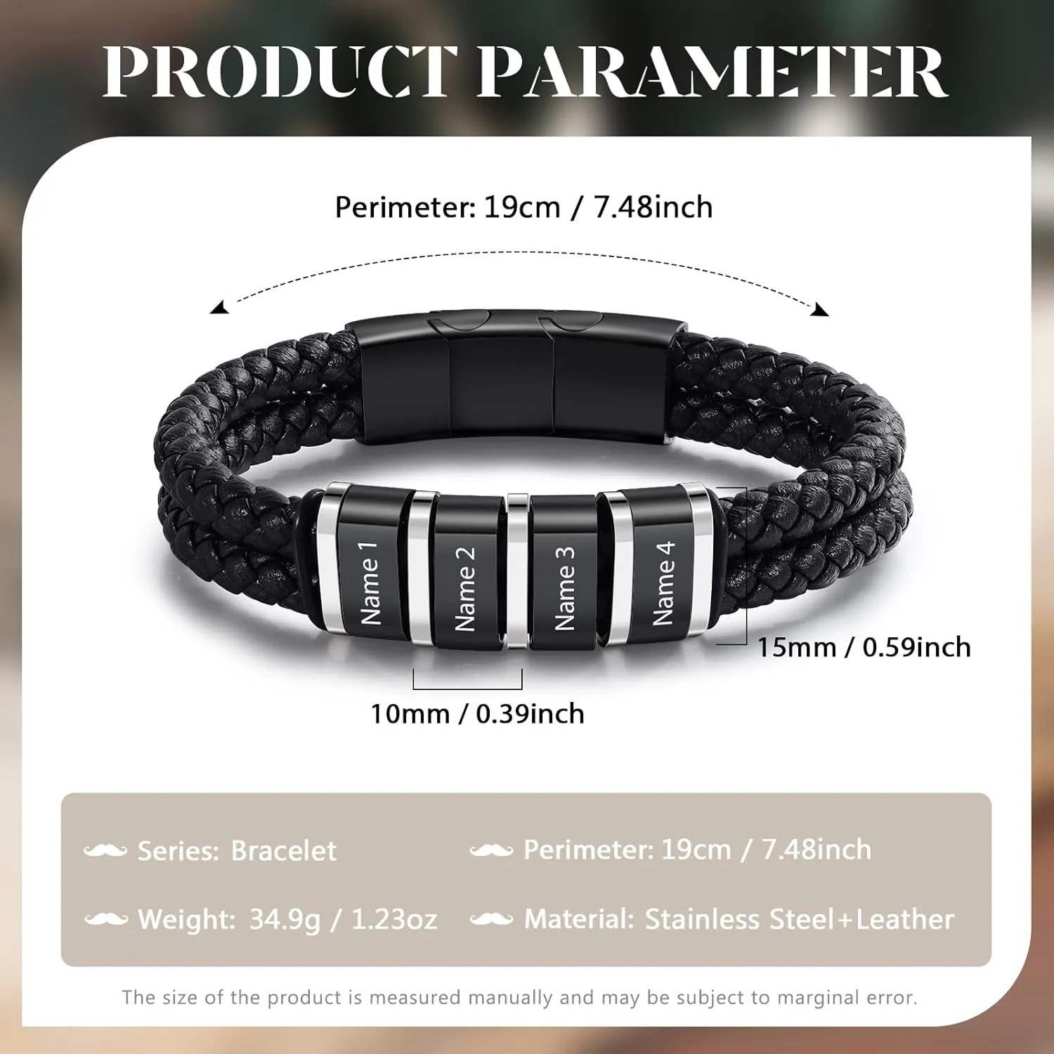 Personalized Name Mens Bracelet Custom Leather Bracelets for Men with 1-5 Names Braided Dad Bracelets for Men Husband Boyfriend Gift for Birthday Christmas