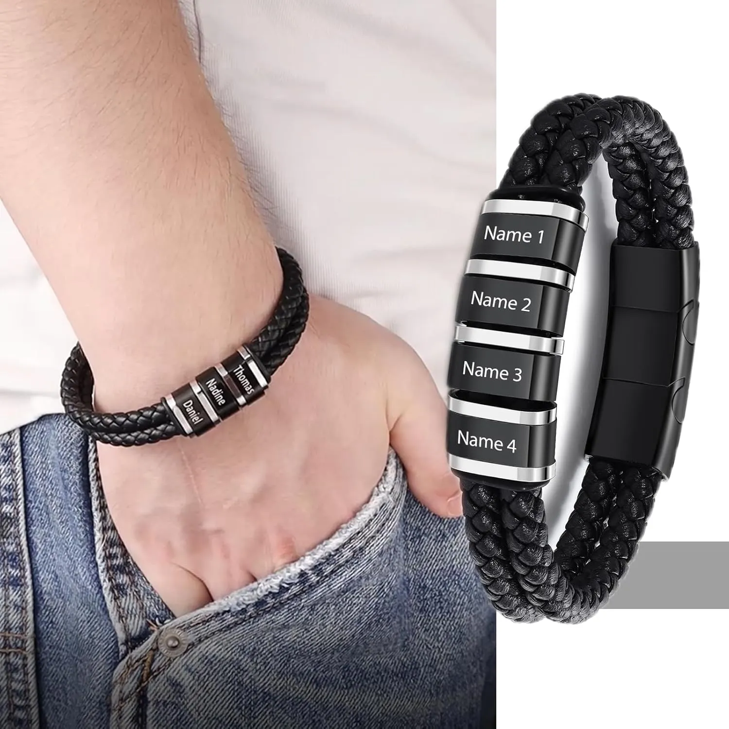 Personalized Name Mens Bracelet Custom Leather Bracelets for Men with 1-5 Names Braided Dad Bracelets for Men Husband Boyfriend Gift for Birthday Christmas