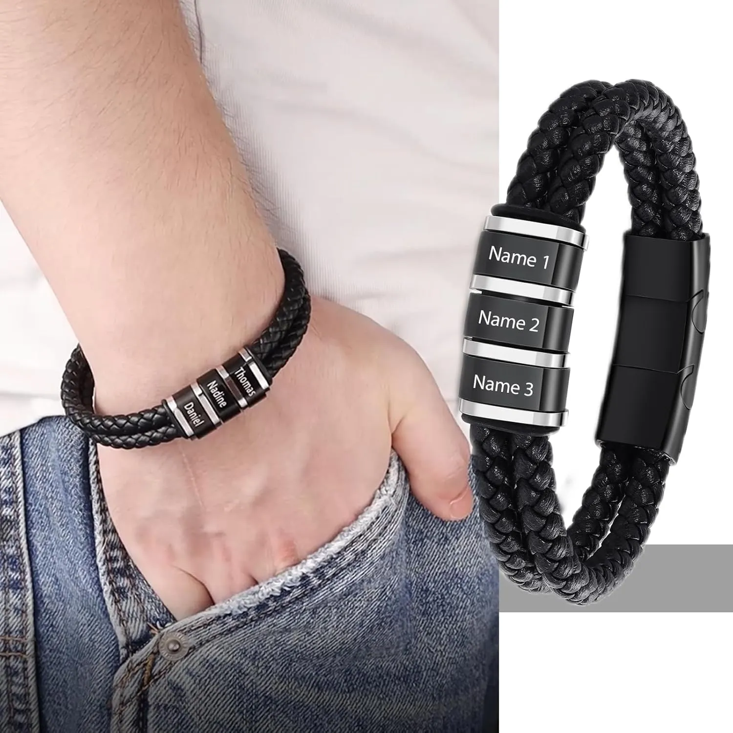 Personalized Name Mens Bracelet Custom Leather Bracelets for Men with 1-5 Names Braided Dad Bracelets for Men Husband Boyfriend Gift for Birthday Christmas