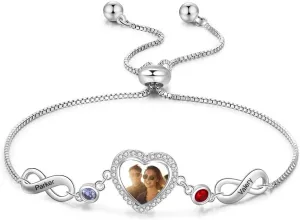 Personalized Photo Bracelet for Women with Simulated Birthstone Heart Photo Locket Infinity Bracelet Custom Engraved Name Sister Bracelet Gifts for Women Friends