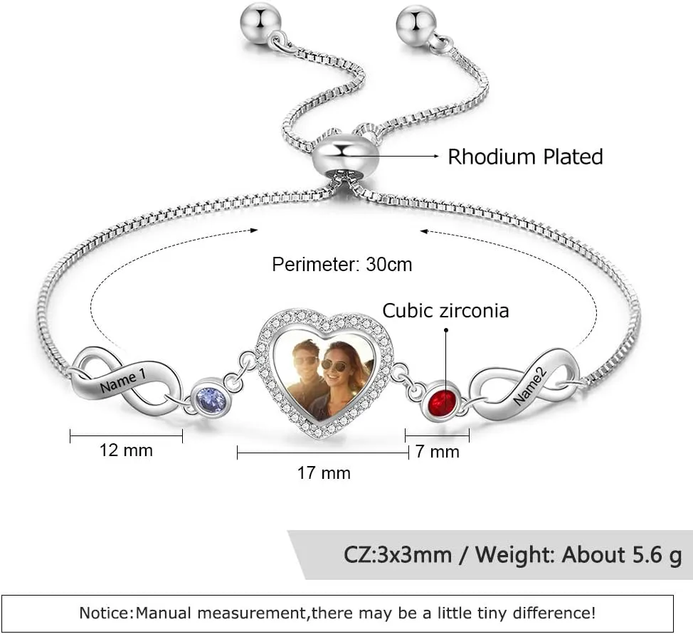 Personalized Photo Bracelet for Women with Simulated Birthstone Heart Photo Locket Infinity Bracelet Custom Engraved Name Sister Bracelet Gifts for Women Friends