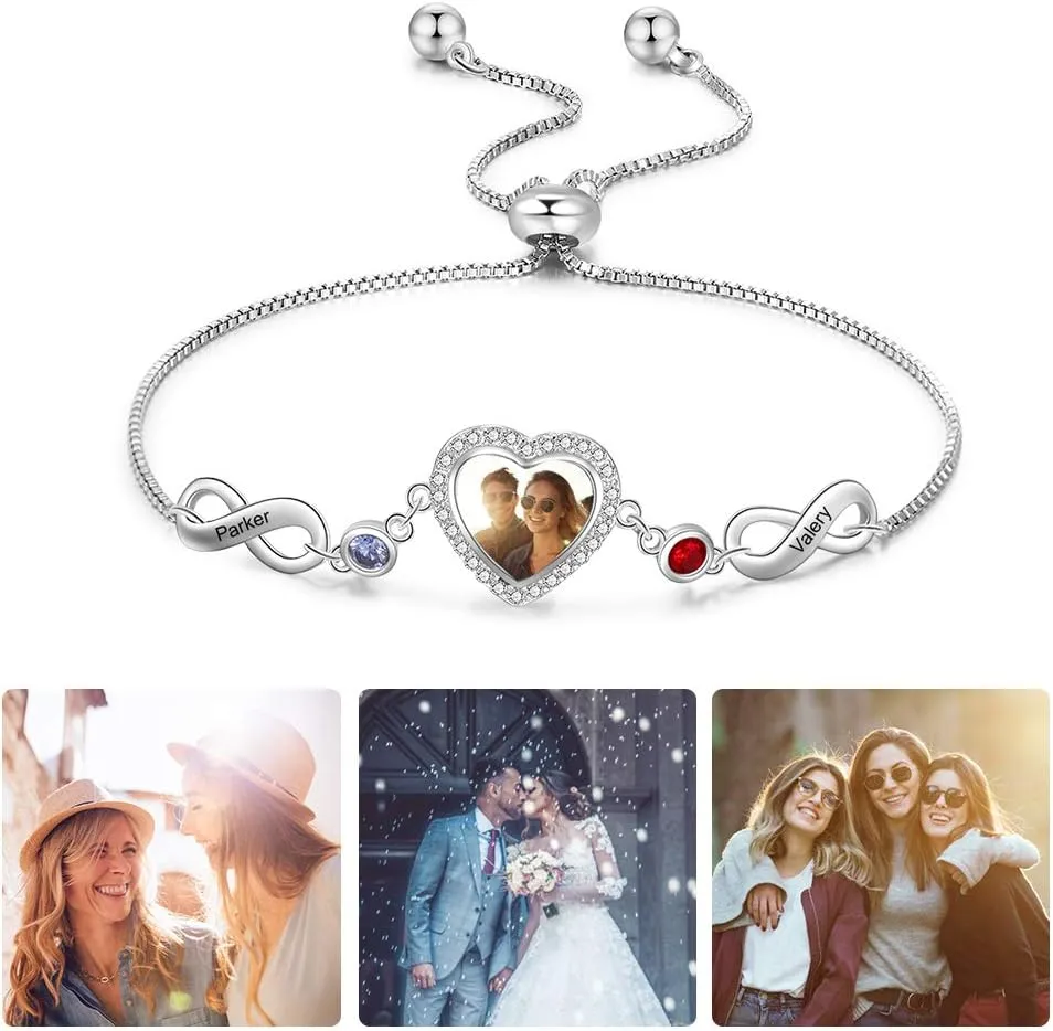 Personalized Photo Bracelet for Women with Simulated Birthstone Heart Photo Locket Infinity Bracelet Custom Engraved Name Sister Bracelet Gifts for Women Friends