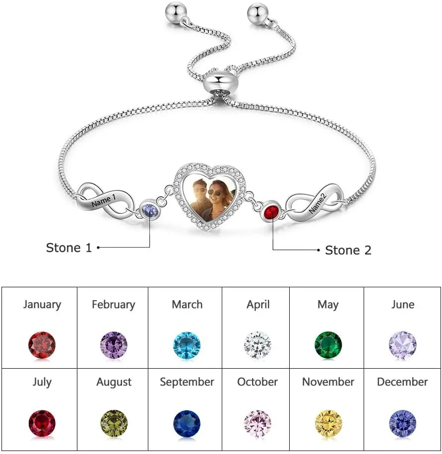 Personalized Photo Bracelet for Women with Simulated Birthstone Heart Photo Locket Infinity Bracelet Custom Engraved Name Sister Bracelet Gifts for Women Friends