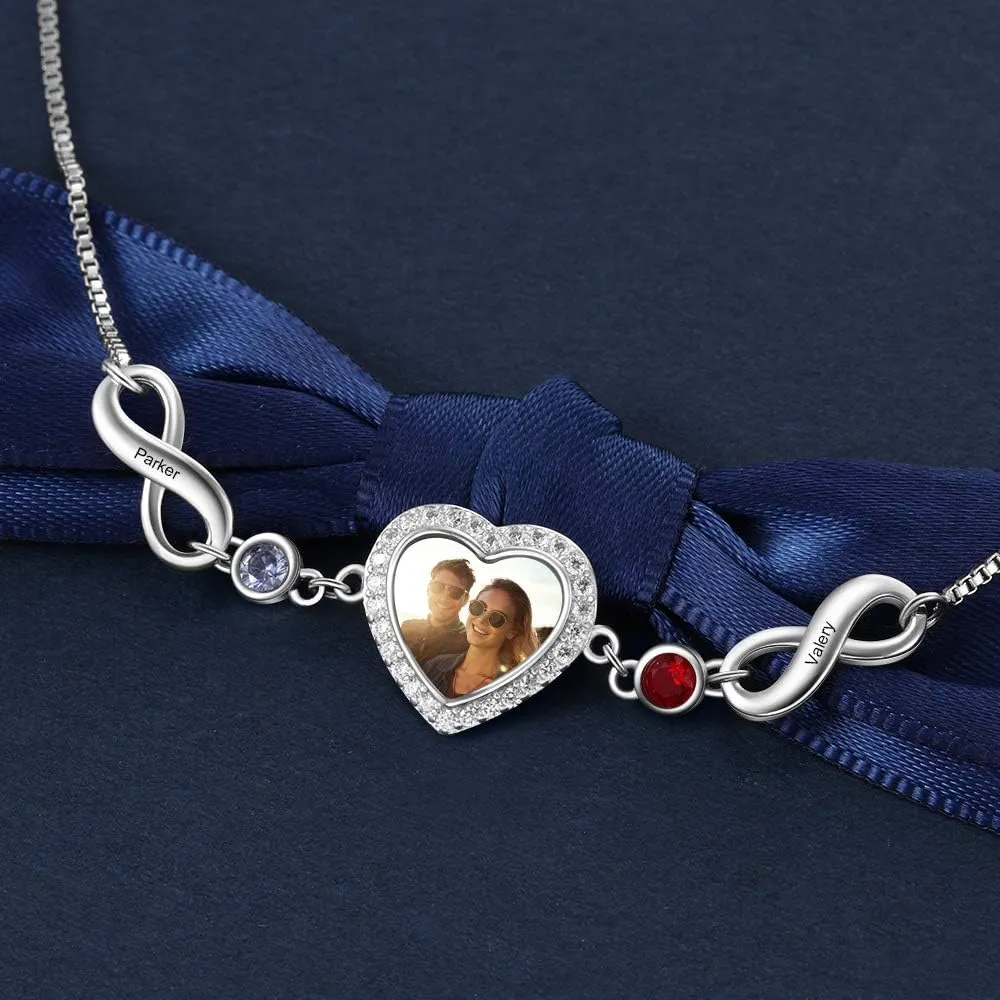 Personalized Photo Bracelet for Women with Simulated Birthstone Heart Photo Locket Infinity Bracelet Custom Engraved Name Sister Bracelet Gifts for Women Friends
