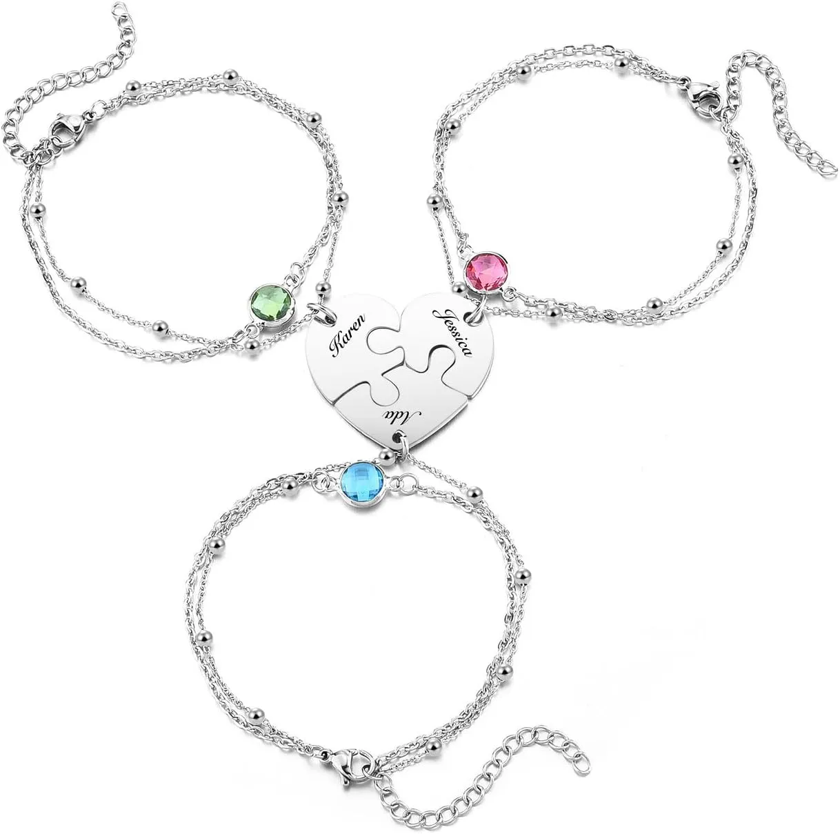 Personalized Puzzle Piece Bracelet Set 2/3/4 Pcs for Family Love Best Friend Stainless Steel Custom Name Anklet Bracelet BFF Matching Heart Pendant Friendship Jewelry