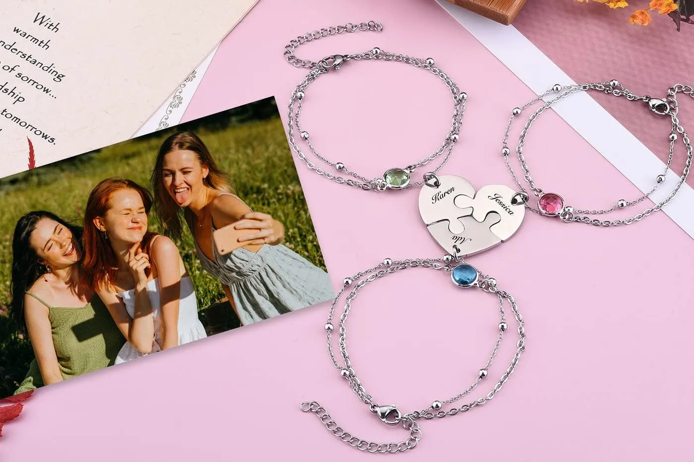 Personalized Puzzle Piece Bracelet Set 2/3/4 Pcs for Family Love Best Friend Stainless Steel Custom Name Anklet Bracelet BFF Matching Heart Pendant Friendship Jewelry