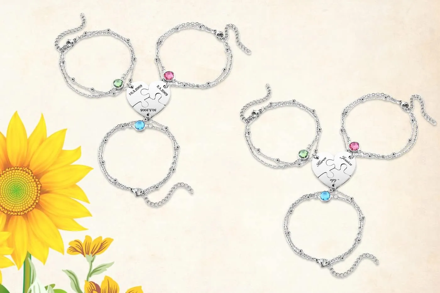 Personalized Puzzle Piece Bracelet Set 2/3/4 Pcs for Family Love Best Friend Stainless Steel Custom Name Anklet Bracelet BFF Matching Heart Pendant Friendship Jewelry