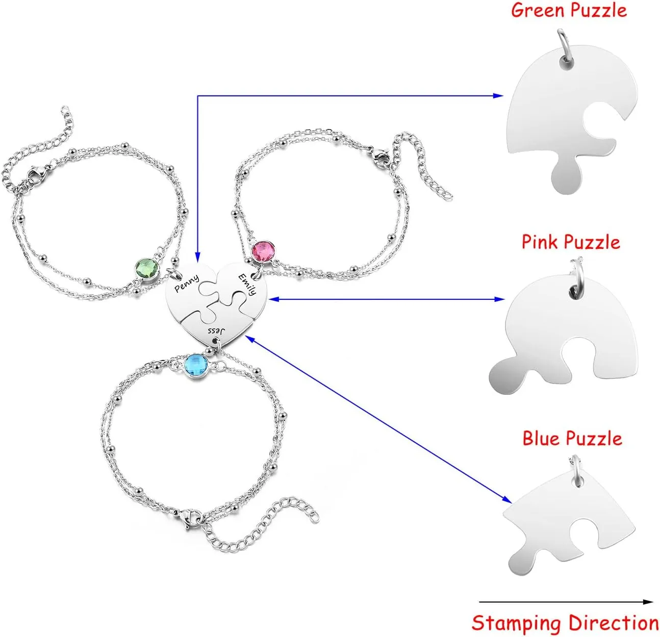 Personalized Puzzle Piece Bracelet Set 2/3/4 Pcs for Family Love Best Friend Stainless Steel Custom Name Anklet Bracelet BFF Matching Heart Pendant Friendship Jewelry
