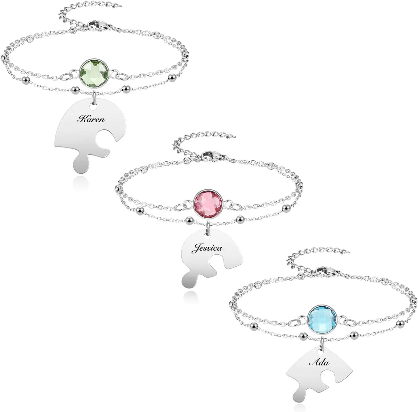 Personalized Puzzle Piece Bracelet Set 2/3/4 Pcs for Family Love Best Friend Stainless Steel Custom Name Anklet Bracelet BFF Matching Heart Pendant Friendship Jewelry