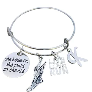 Personalized Runner Bracelet, Custom She Believed She Could Initial Charm Bangle Bracelet, Running Gifts, Running Jewelry, Track and Field Bracelet for Women, Teens and Girls