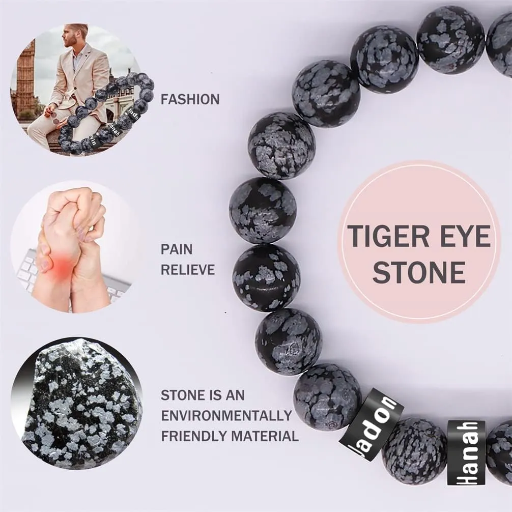 Personalized Stone Beads Bracelets for Men with Name Engraved Lava Beads Bracelet Tiger Eye Beads Custom Family Name Bracelet for Fathers Day