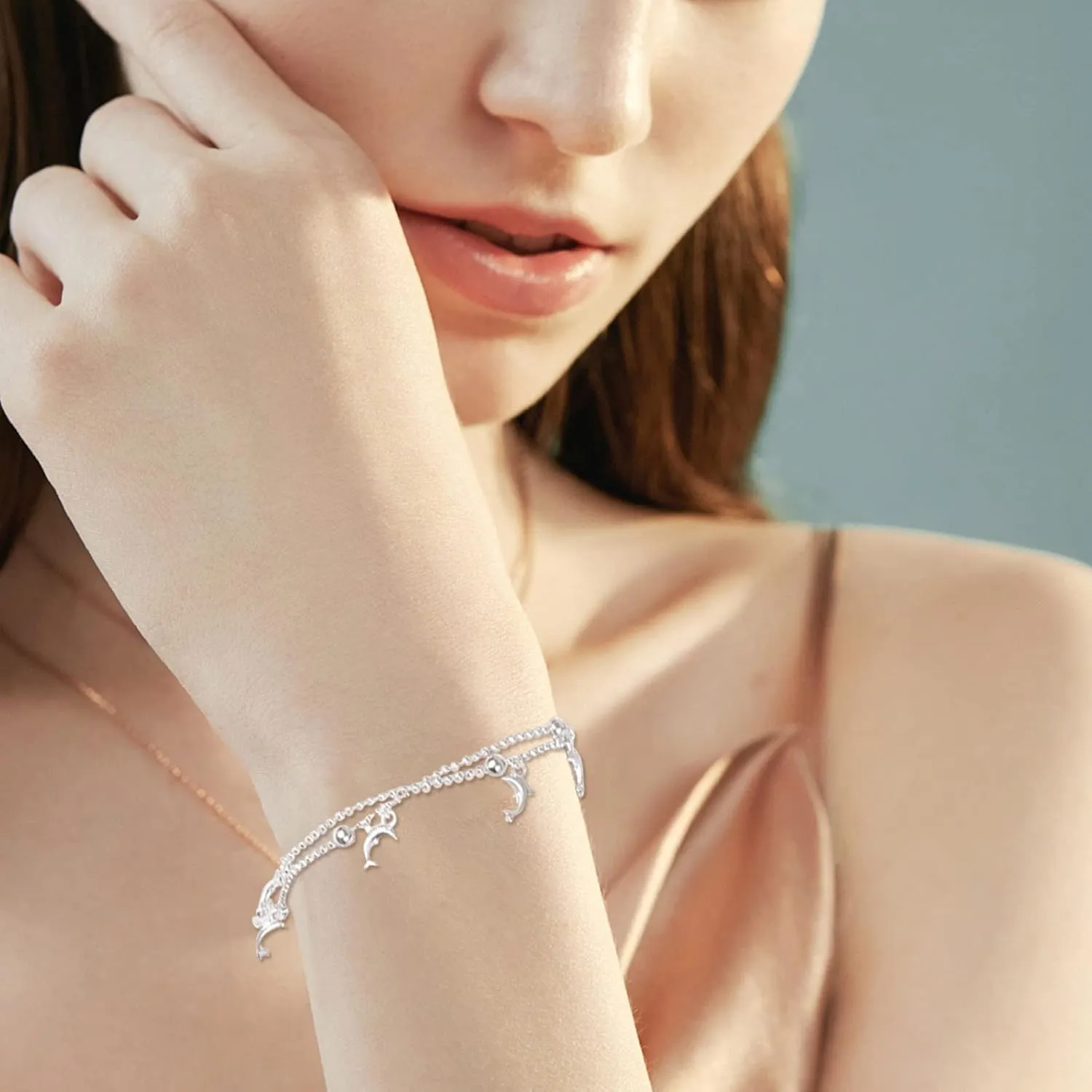 Personalized Tiny Dolphin Bracelet, Sterling Silver Dainty Link Chain Bracelet for Women Adjustable Bracelet for Women Girl