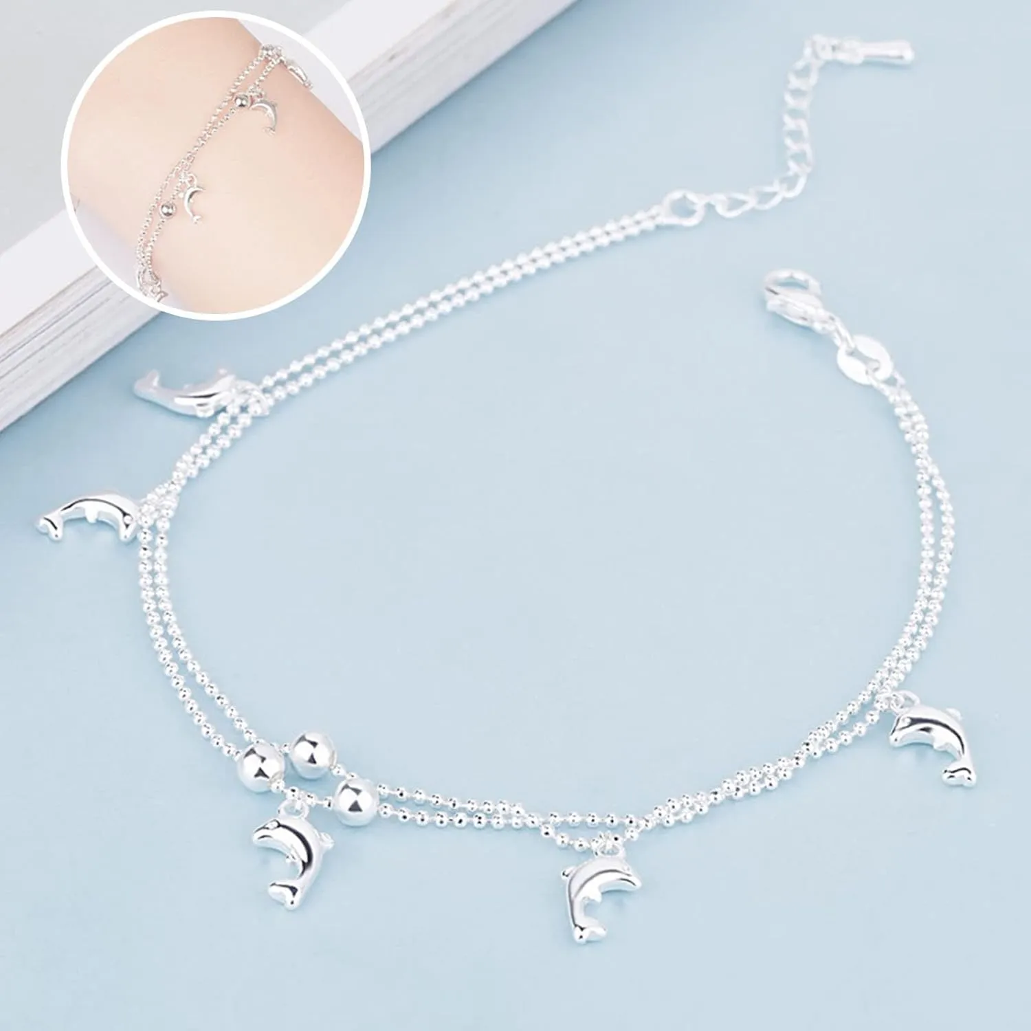 Personalized Tiny Dolphin Bracelet, Sterling Silver Dainty Link Chain Bracelet for Women Adjustable Bracelet for Women Girl