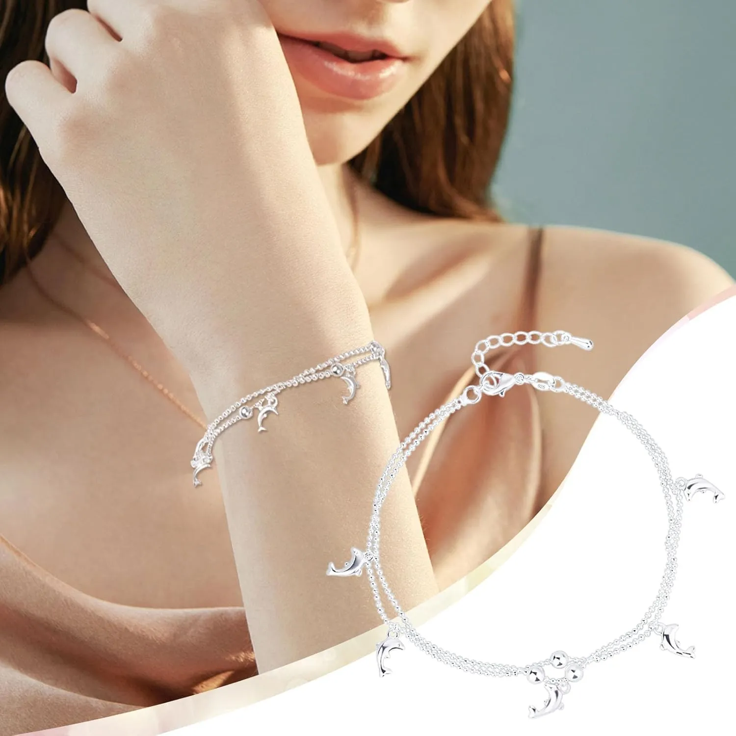 Personalized Tiny Dolphin Bracelet, Sterling Silver Dainty Link Chain Bracelet for Women Adjustable Bracelet for Women Girl