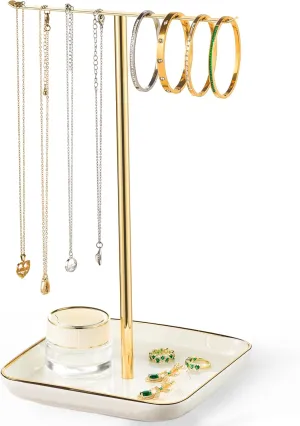 pickpiff Necklace Holder Stand with Ceramic Base: 12" Jewelry Tree Display Organizer for Necklaces, Bracelets, Rings, Earrings, Tall Gold Stand for Women, Aesthetic Room Dcor