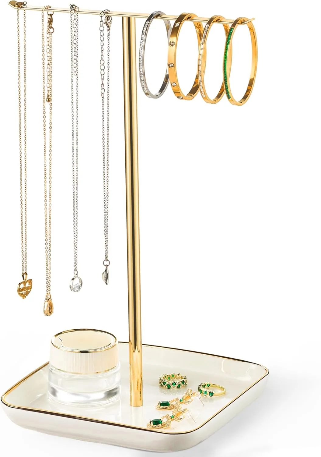 pickpiff Necklace Holder Stand with Ceramic Base: 12" Jewelry Tree Display Organizer for Necklaces, Bracelets, Rings, Earrings, Tall Gold Stand for Women, Aesthetic Room Dcor