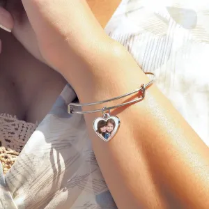 PicturesOnGold.com Expandable Engraved Charm Photo Bracelet with picture - One Size Fits All Personalized Photo Engraved Heart Bracelet - Stainless Steel or Yellow Gold Plated