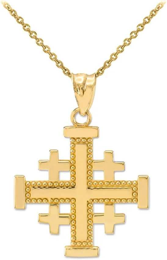 Polished 14k Yellow Gold Crusaders Jerusalem Cross Pendant Necklace