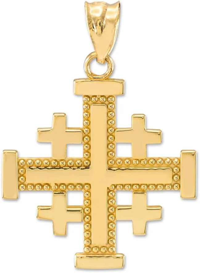 Polished 14k Yellow Gold Crusaders Jerusalem Cross Pendant Necklace