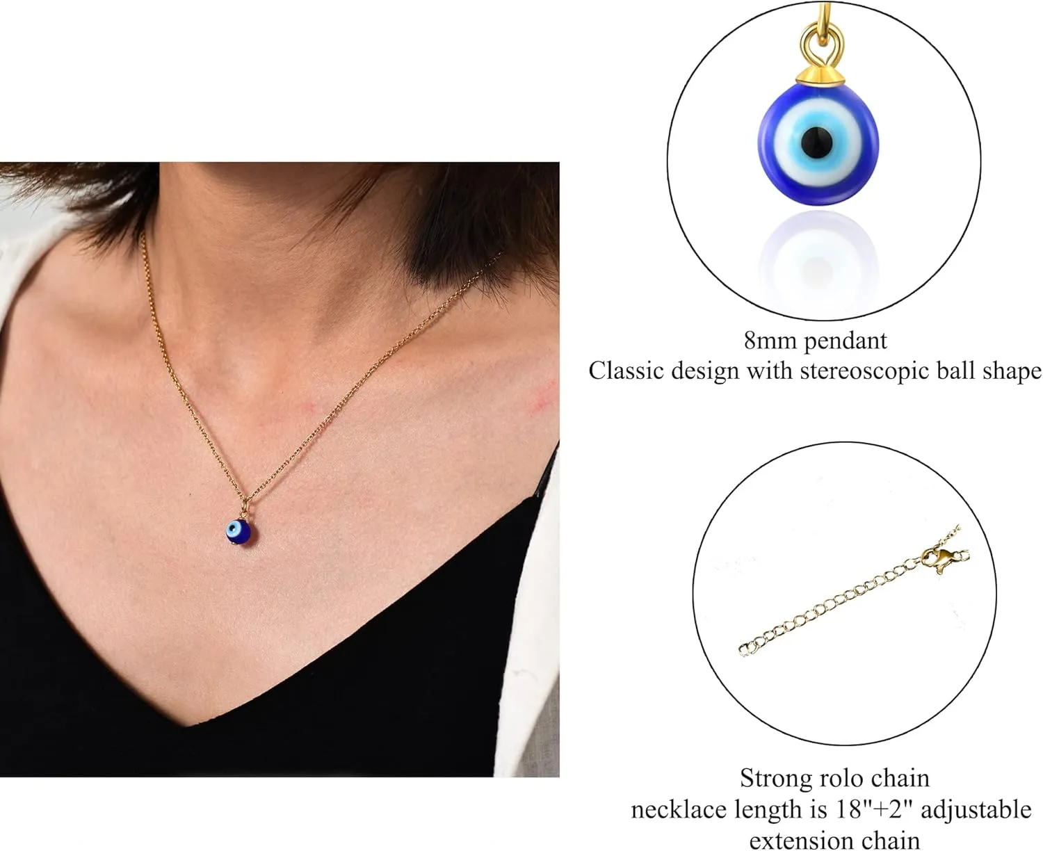 PPJew Evil Eye Necklace Chain Blue Eyes Amulet Pendant Necklace Ojo Turco Kabbalah Protection Adjustable Delicate Jewelry Gift for WomenSilver/Gold