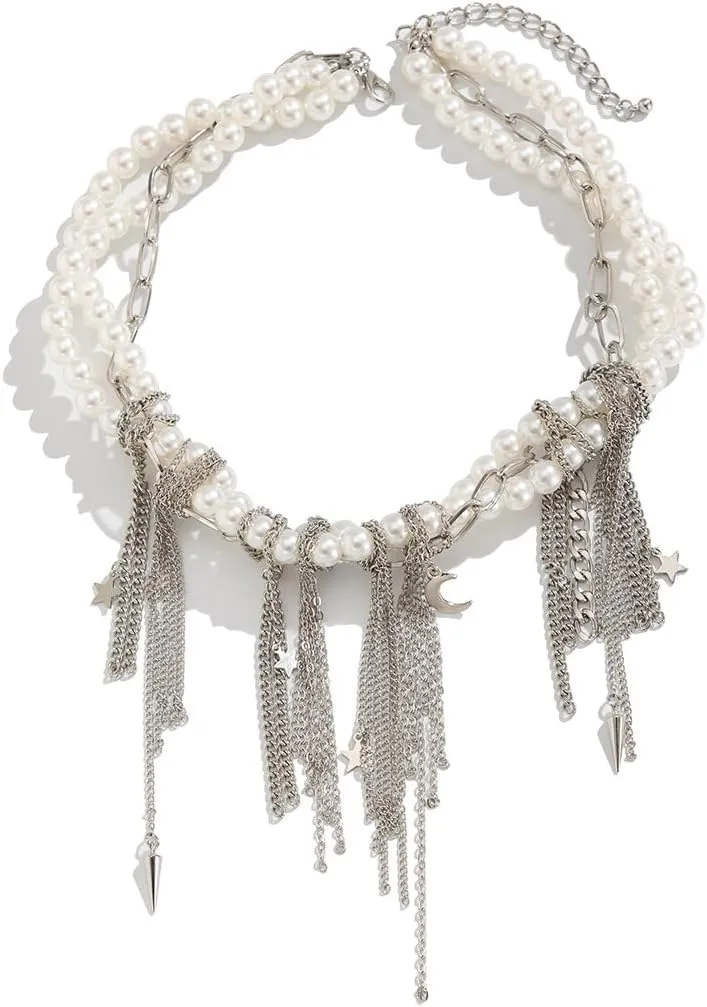 Punk Layered Pearl Choker Necklace Y2k Statement Pearl Tassel Necklace Heart Star Cross Pendant Punk Necklaces