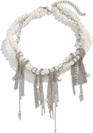 Punk Layered Pearl Choker Necklace Y2k Statement Pearl Tassel Necklace Heart Star Cross Pendant Punk Necklaces