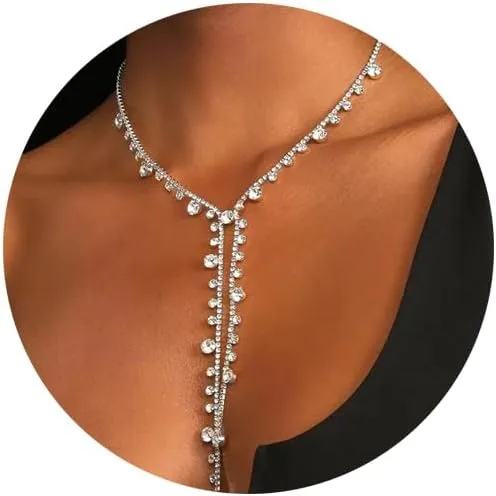 Rhinestone Choker Necklaces Silver Crystal Rhinestone Necklace Y Irregularly Necklace Sparkly Long Necklace Jewelry for Womens (Crystal)