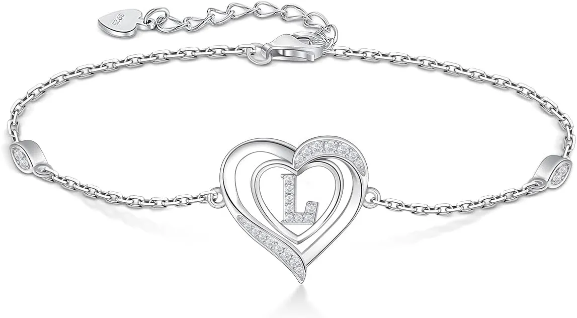 RIVIKO Heart Initial Bracelets for Women,925 Sterling Silver Letter Bracelets, Personalized Charm Alphabet Jewelry Valentines Christmas Mothers Day Birthday Gifts for Women Friend Her Mom Wife Lady