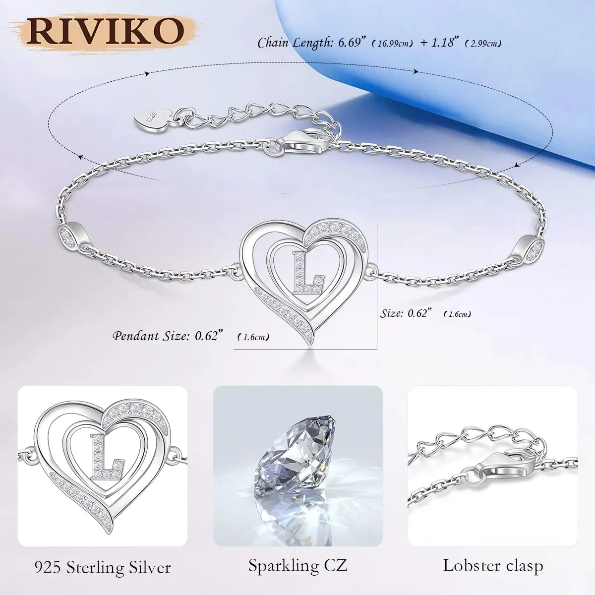 RIVIKO Heart Initial Bracelets for Women,925 Sterling Silver Letter Bracelets, Personalized Charm Alphabet Jewelry Valentines Christmas Mothers Day Birthday Gifts for Women Friend Her Mom Wife Lady