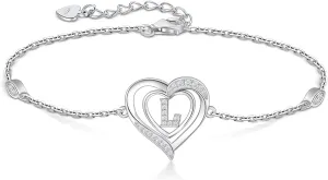 RIVIKO Heart Initial Bracelets for Women,925 Sterling Silver Letter Bracelets, Personalized Charm Alphabet Jewelry Valentines Christmas Mothers Day Birthday Gifts for Women Friend Her Mom Wife Lady
