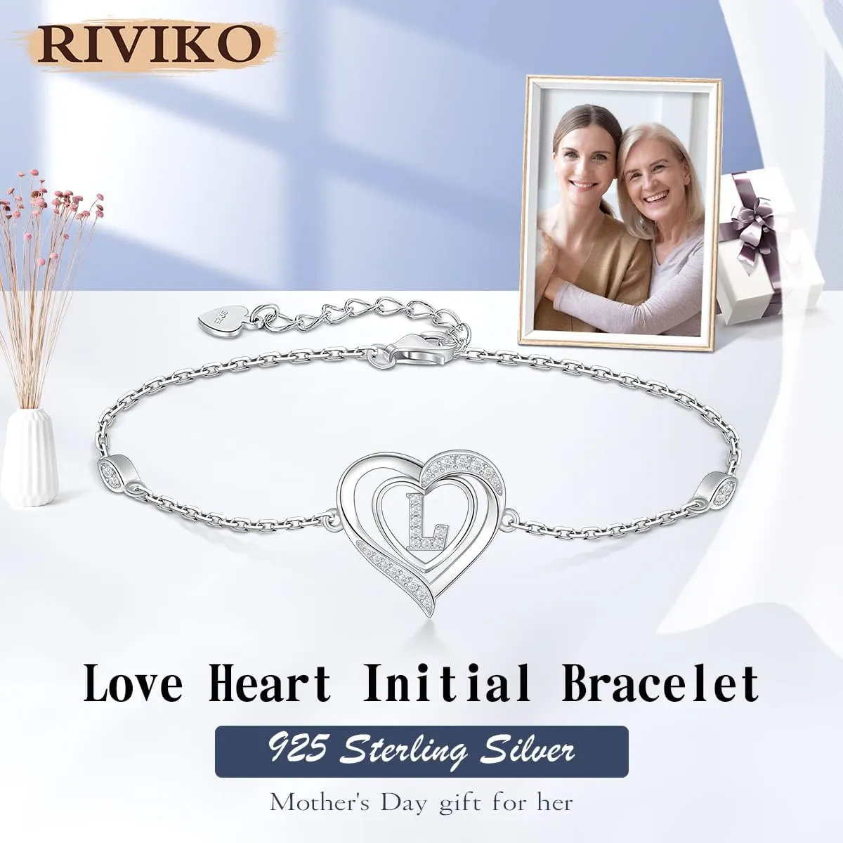 RIVIKO Heart Initial Bracelets for Women,925 Sterling Silver Letter Bracelets, Personalized Charm Alphabet Jewelry Valentines Christmas Mothers Day Birthday Gifts for Women Friend Her Mom Wife Lady