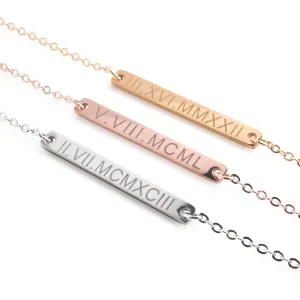 Roman Numeral Bar Necklace Personalized Name Plate Gift 16k Gold Silver Rose Gold Delicate Initial Charms Machine Engraving Perfect Graduation Day Present