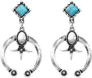 Rosemarie & Jubalee Women's Cowgirl Chic Western Style Squared Natural Semi Precious Howlite Dangle Earrings, 2" (Squash Blossom Turquoise Howlite Stone Silver Tone)