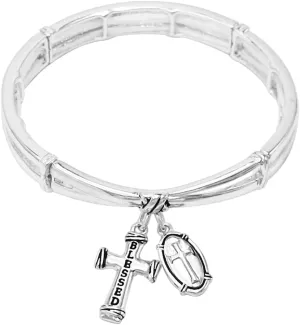 Rosemarie's Religious Gifts Women's Stunning Polished Silver Tone Inspirational Religious Charms Blessed Cross Stretch Bracelet, 7"