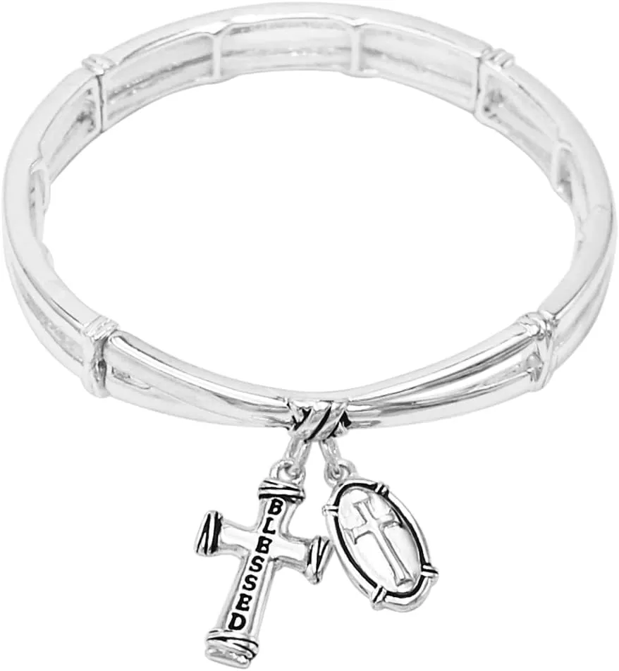 Rosemarie's Religious Gifts Women's Stunning Polished Silver Tone Inspirational Religious Charms Blessed Cross Stretch Bracelet, 7"