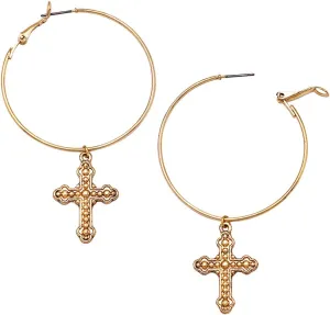 Rosemarie's Religious Gifts Women's Stunning Removable Textured Cross Charms On Polished Gold Tone Lever Back Hoop Earrings, 3"