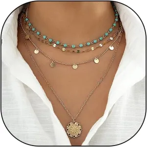 Rrdaily 4Pcs Gold Turquoise Beads Layered Necklace for Women,Stylish Stacking Boho Thin Chain Pendant Necklace,Retro Holiday Beach Party Jewelry Gifts